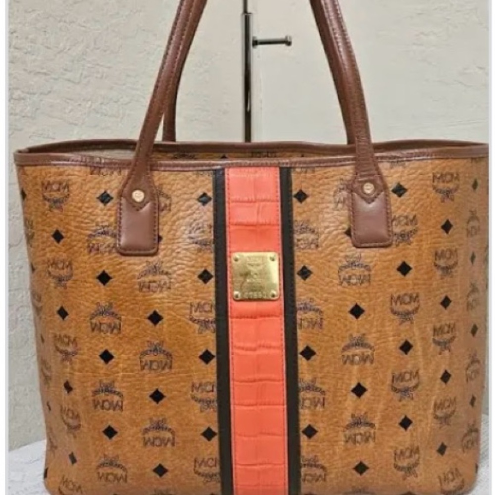 MCM visetos shopper, cognac striped tote